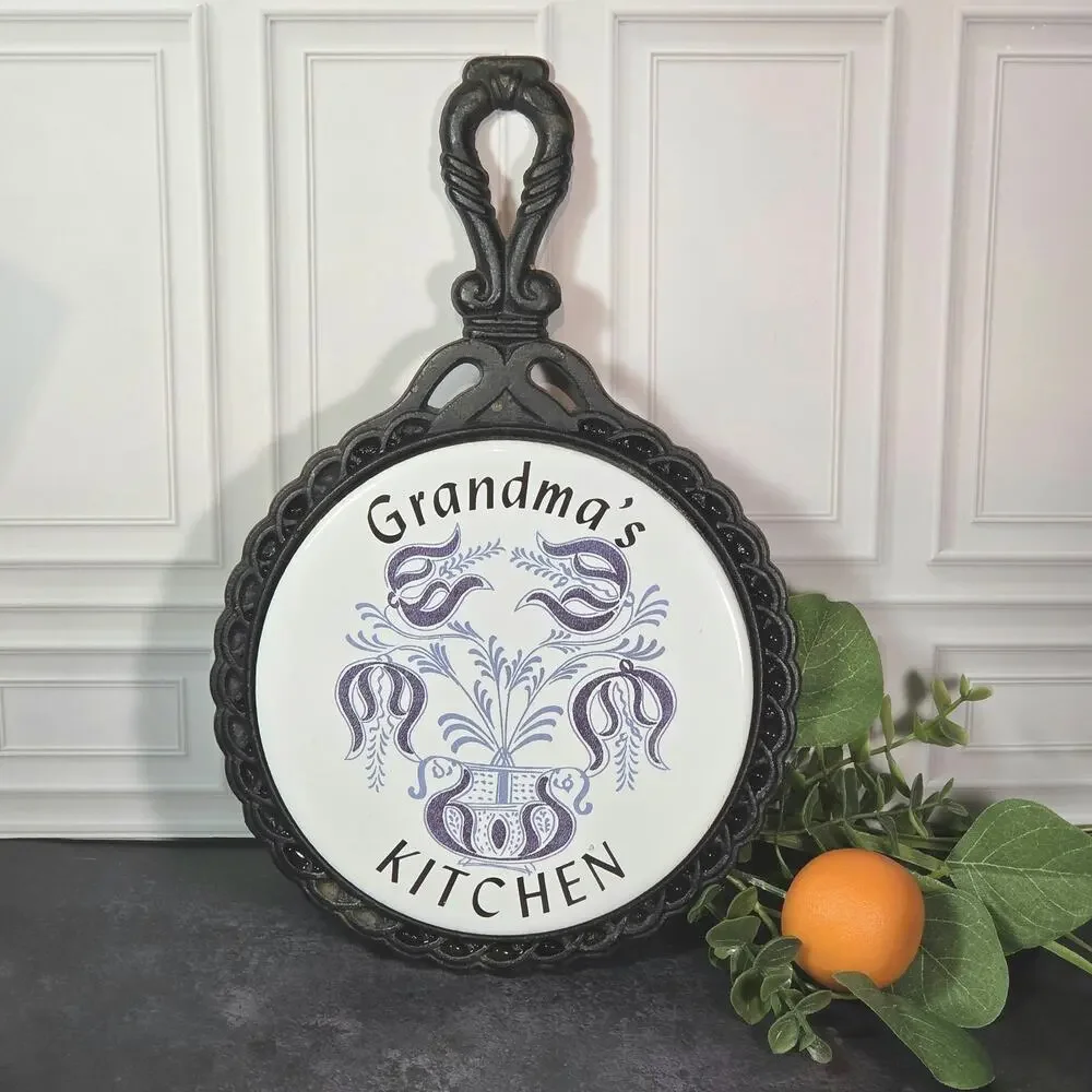 Grandma's Kitchen Vintage Mid-State Cast Iron Hot Plate Trivet with Round Tile